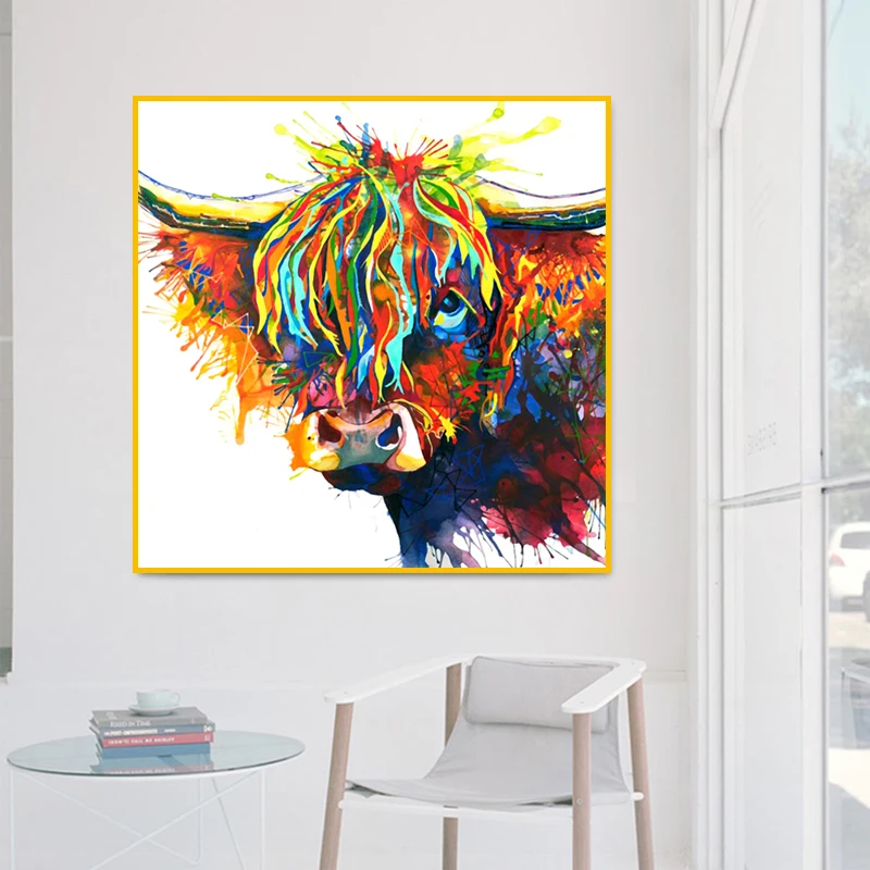 

RELIABLI Art Highland Cow Animal Oil Painting Colorful Canvas Print Posters Wall Art Decorative Picture For Living Room Unframed