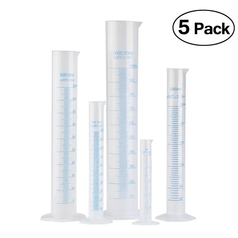 PIXNOR 5pcs Transparent Measuring Plastic Graduated Cylinder 50ml / 100ml / 250ml / 500ml / 1000ml