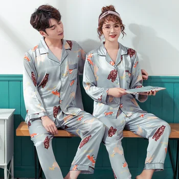 

Spring Autumn Print Pattern Women Pajama Set Satin Silk Turn-down Collar Pajamas Sleepwear Long Sleeve Trousers Two Paper Suit