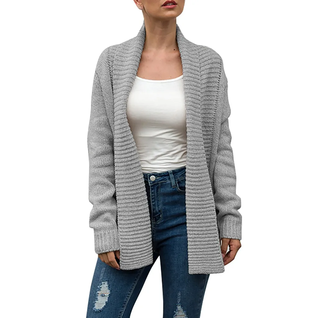 New Women Solid Color Loose Large Size Long Sleeve Lapel Cardigan Sweater Knitted Outwear Pocket Coa |