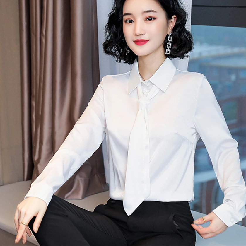  2020 Spring New Women Office Lady Solid Necktie Shirt Fashion Long Sleeve Turn-down Collar Blouse F