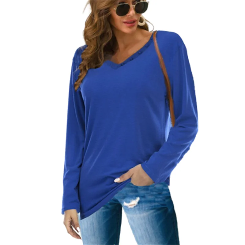 

Blue Loose Casual Cotton Tshirts Women Long Sleeve Button T-Shirts V-Neck Plus Size S-5XL Female Solid Color Clothing Top Shirts