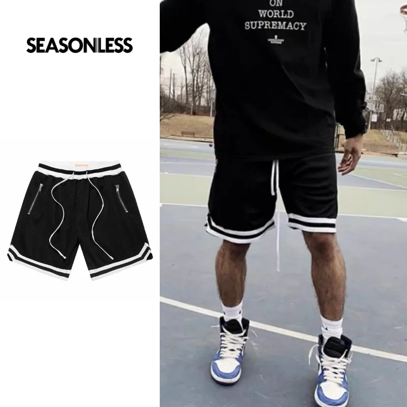 SEASONLESS Men's Basic Basketball Shorts For Men Mesh with Zipper Pocket High Street Hip-Hop