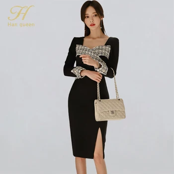 

H Han Queen Sexy Patchwork Pencil Dress Women 2020 Spring Knee-length Sheath Bodycon Dresses Work Business Casual Vestidos