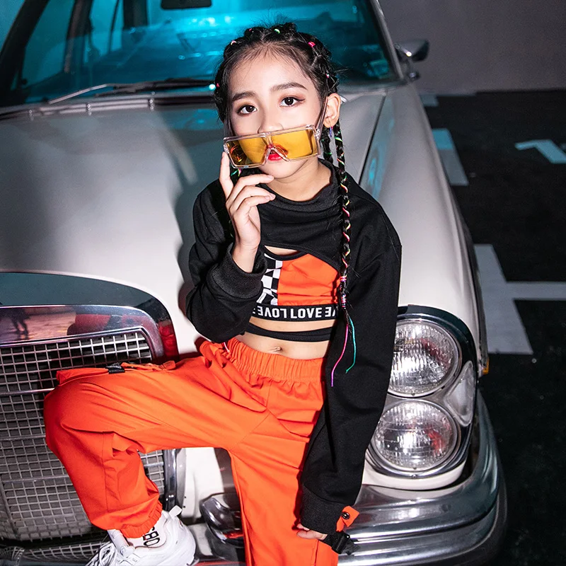 Hip Hop Dance Costumes For Kids Street Dance Clothes Orange Kpop Outfits Girls Modern Cheerleader Stage Performance Wear DN4097
