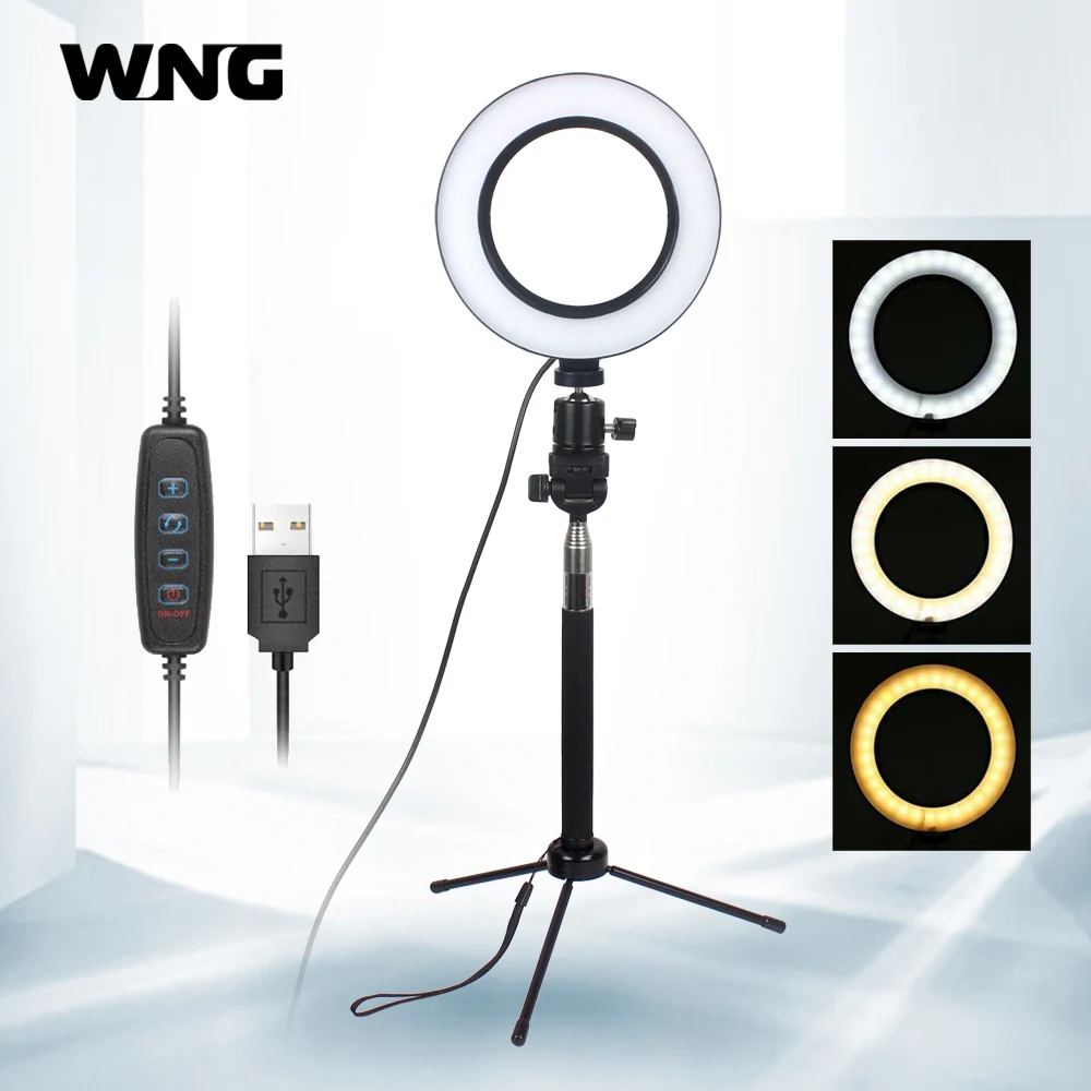

16cm Mini Dimmable LED Ring Light Video Light with selfie stick Tabletop Tripod for Youtube Photo Shooting Live TikTok