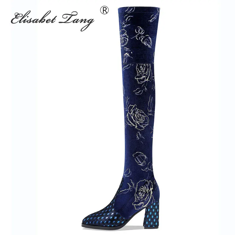 

Elisabet Tang Women Over The Knee Boots Slip On Sexy High Heels Autumn Woman Shoes Winter Women Boots Black Blue Thigh High Boot