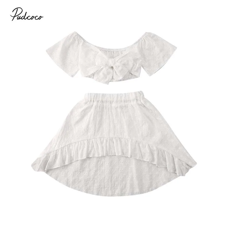 

2020 Baby Summer Clothing 1-6T Baby Girls Infant Kids 2Pcs Solid Outfits Bowknot Crops Top +Skirts Lace Ruffled Outfits