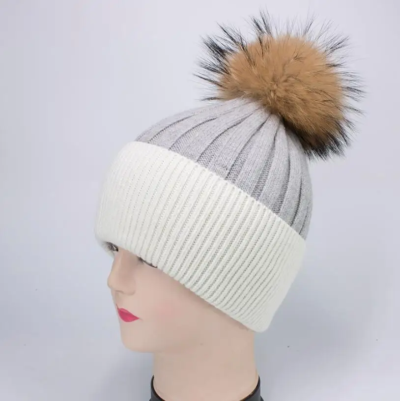 white grey gold YC Fur, зимние шапки, шапка s для женщин, двойные цвета, вязаные шерстяные шапочки, Skullies, с меховым помпоном большого размера, женская шапка - Цвет: white grey gold