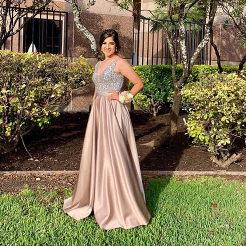 

2020 Cheap V-neck Beads Sequins Long Prom Dresses paghetti Staples Sleeveless Long Satin plus Size Evening Gown Vestidos RE209