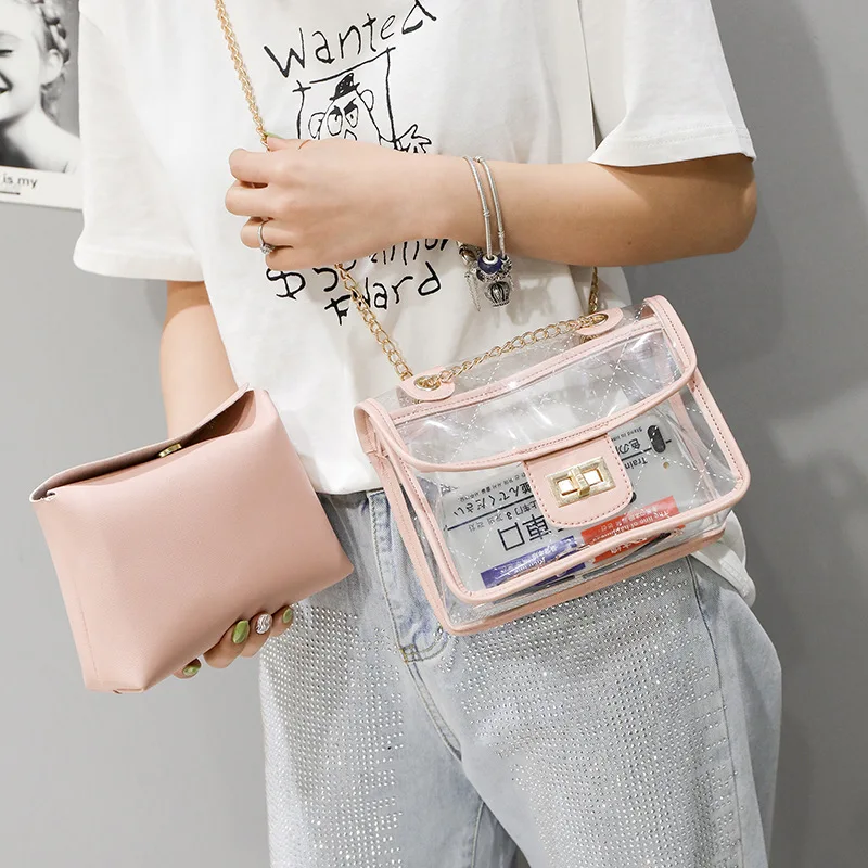 

Girl'S Small Shoulder Bag 2019 Spring And Summer New Arrival Transparent Chain Square Sling Bag Shoulder Diagonal Different Size