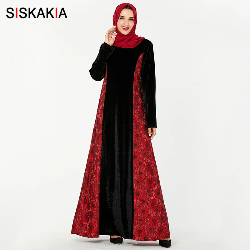 balck dress Siskakia винтажное этническое жаккардовое длинное мусульманское платье Вечерние бархатные платья размера плюс турецкая исламская одежда - Цвет: balck dress