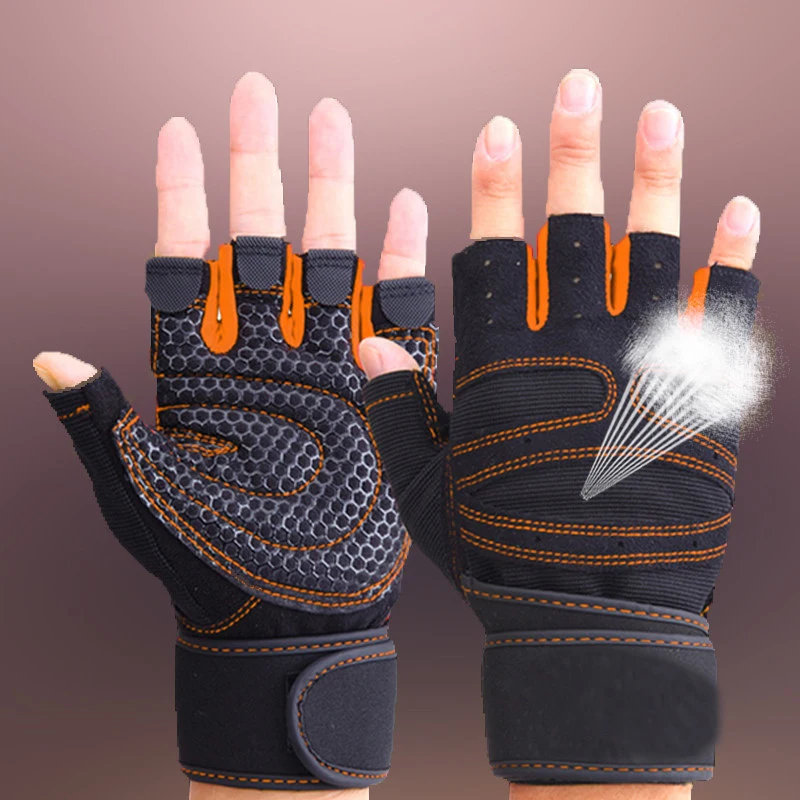 orange gloves Тяжелая атлетика для мужчин/женщин перчатки с половинными пальцами тренировка Бодибилдинг перчатки гантели Фитнес Половина протектор для пальцев руки - Цвет: orange gloves