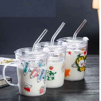 

350ML Transparent Coffee Cup Glass Mark Cup Calibration Cup and Cover Drinking Set Milk Ice Sand Juice Beverage Cup