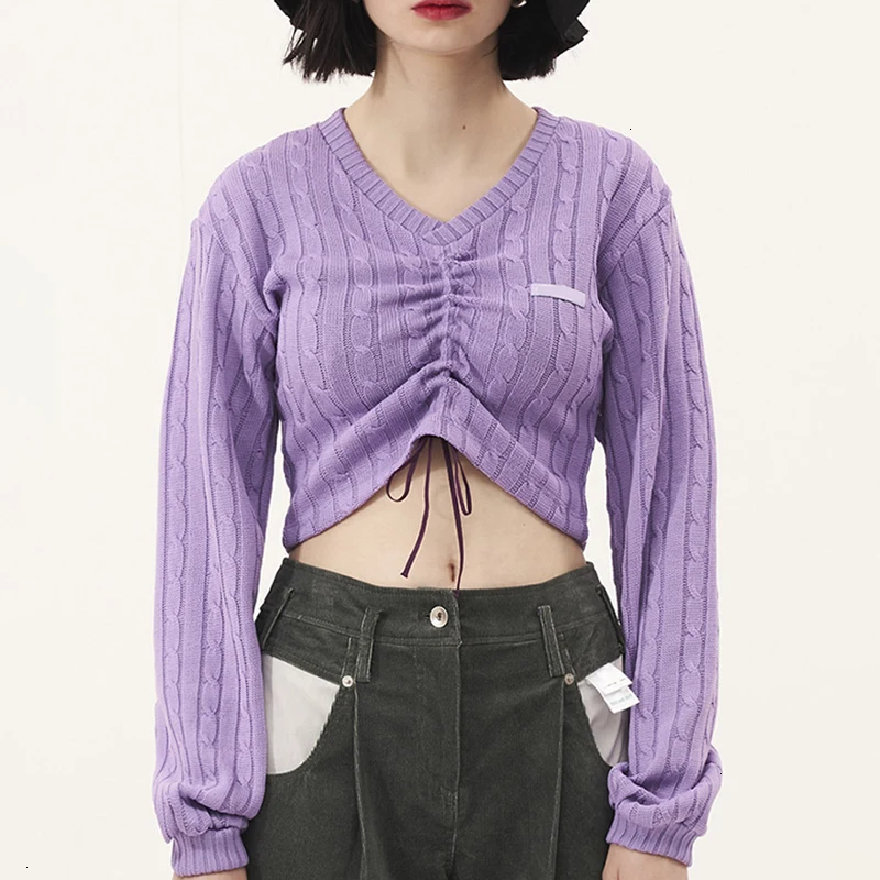 

Autumn Drawstring Ruched Women's Sweater V Neck Long Sleeve Female Pullovers Short Women Clothing Sweater Women