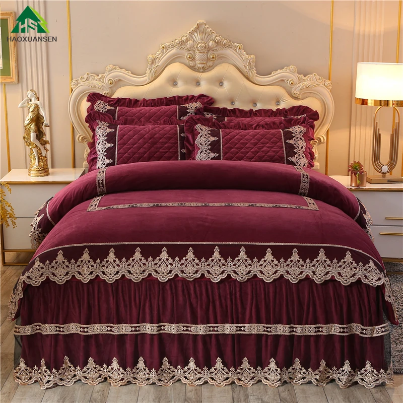 

Wine Red Magic Velvet Flannel Bedding Sets Sexy Lace Thickening Bed Skirt Pillowcase Duvet Cover Princess Style Warm Winter