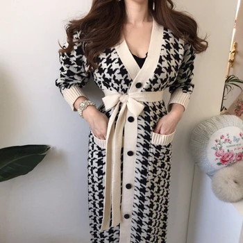 

Warm Houndstooth Knitted Long Cardigans Sweaters Robe Women Singe-breasted Sashes Vintage Soft Tops cardigans autumn winter