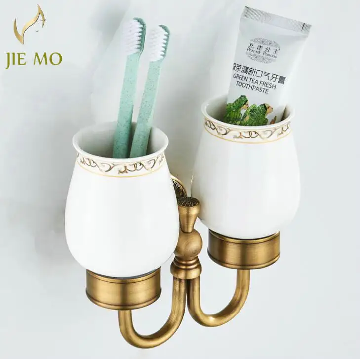 wall mount antique double cup holder Brass+Glass Bathroom Accessories cup Tumbler Holders,Toothbrush Cup Holders F8308