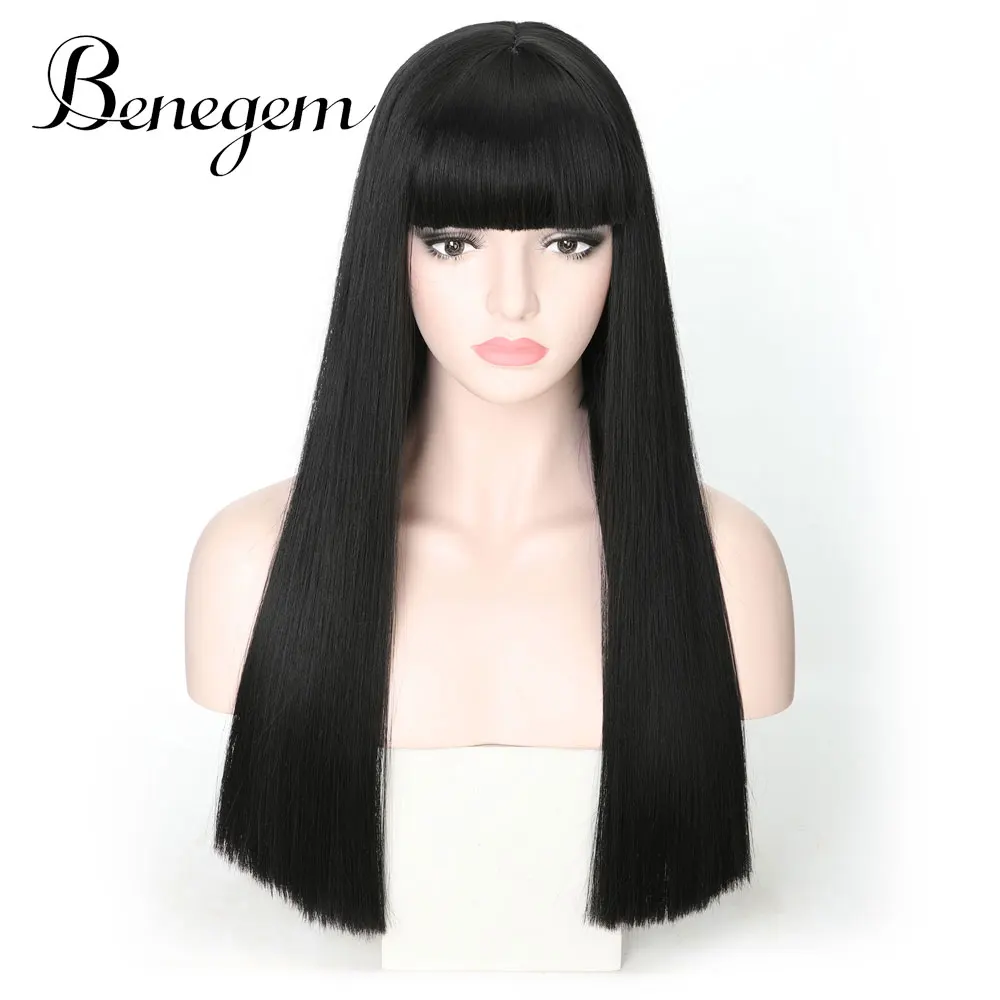 Benegem длинный женский парик с челкой черный прямой синтетический некружевной парик косплей костюм