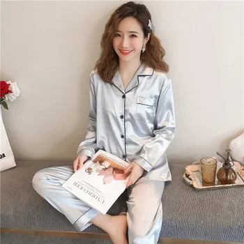 

Women Pajamas Plus Size 5XL Pyjamas Autumn Solid Color Satin Silk Pajama Set Rayon Sleepwear Long Sleeve Trousers Nightwear Suit