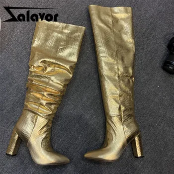 

ZALAVOR New Fashion Mid Calf Boots Pointed Toe Thick High Heel Snakeskin Slip On Shoes Winter Party Female Footwear Size 34-45