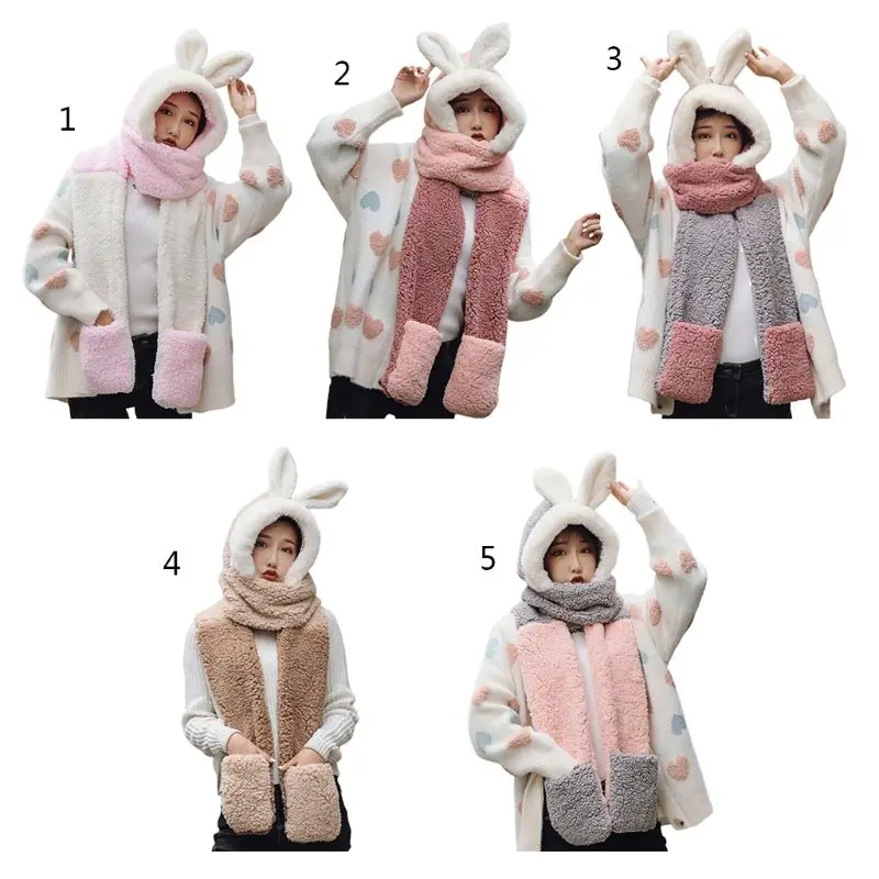 Boys Girls Thicken 3 in 1 Hat Gloves Scarf Set Cute Bunny Hat Winter Warm Cartoon Plush Hoodie Gloves Pocket Earflap Hat Long Scarf Shawl Wraps