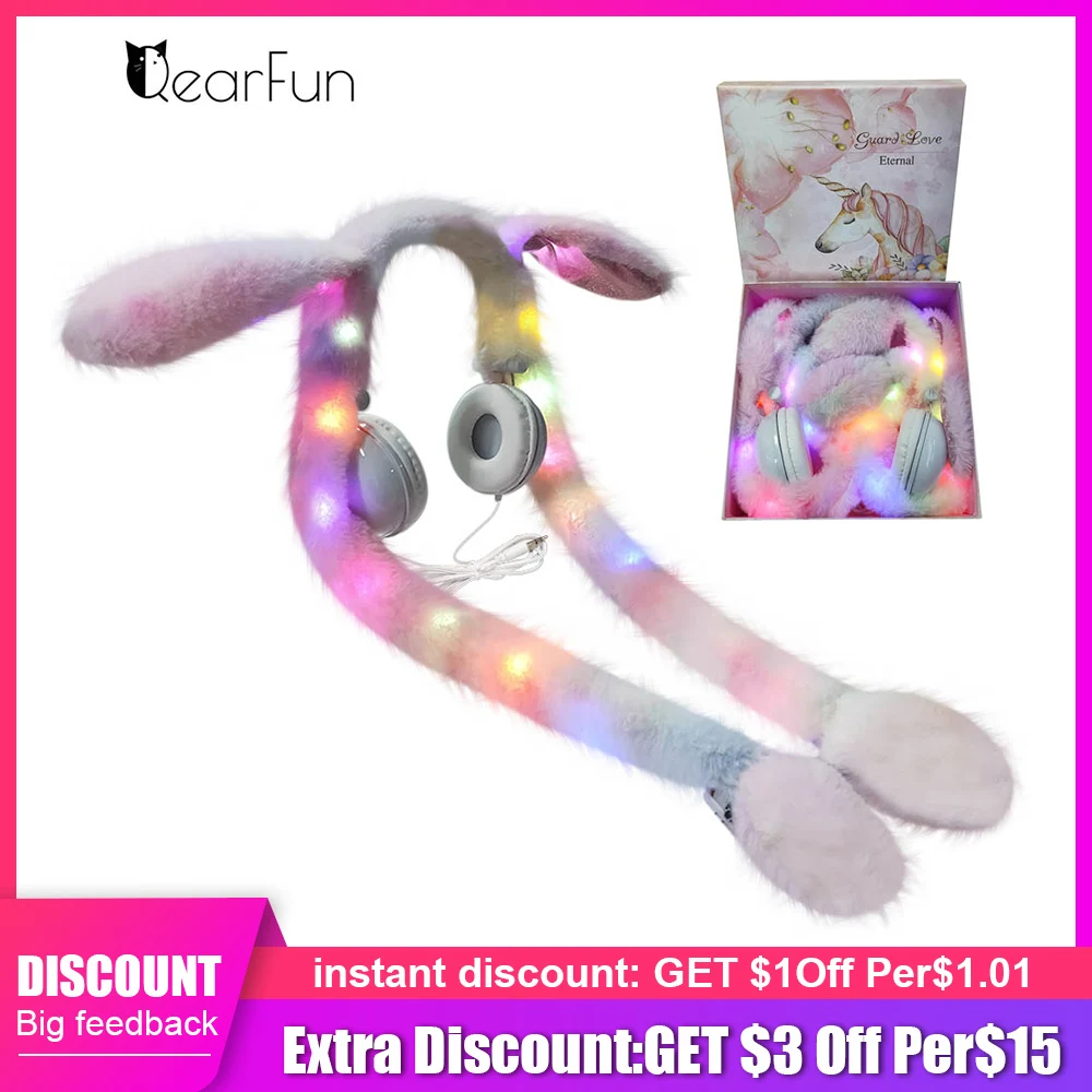 Fun rabbit wire headphone Girl Rabbit Cartoon Headhand With Gift Box Controllable LED Light Head mounted Headset Universal phone