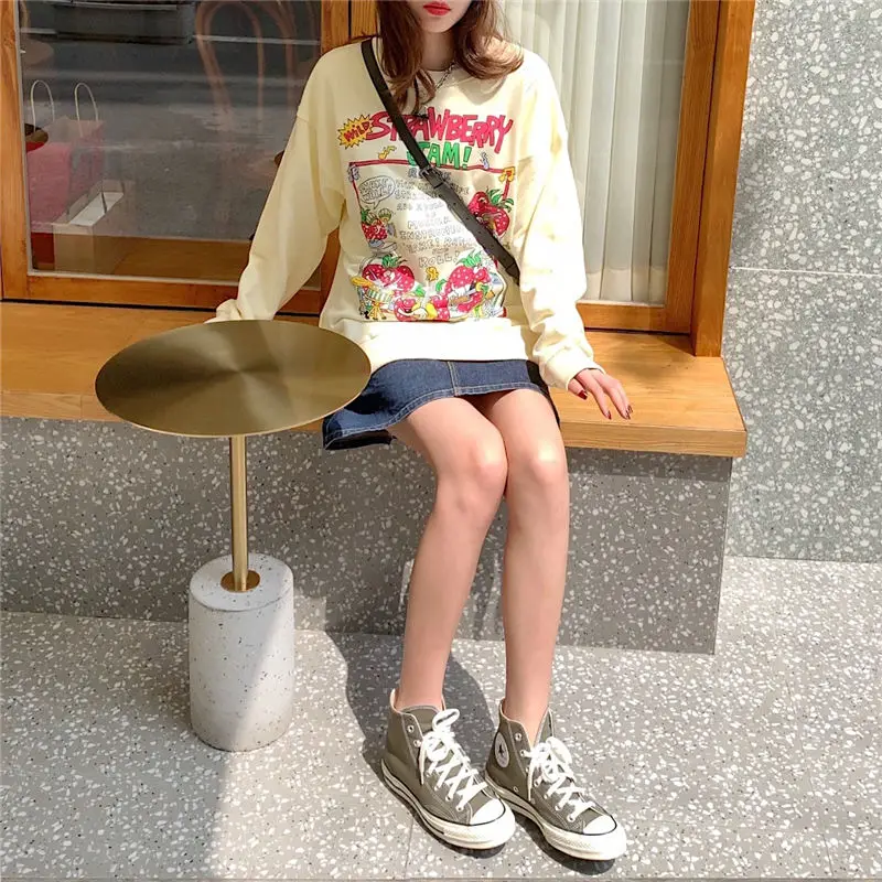 2021 New Harajuku Retro Top Strawberry Print Hoodie Women Loose Streetwear Sweatshirt American Retro Oversized Pullover