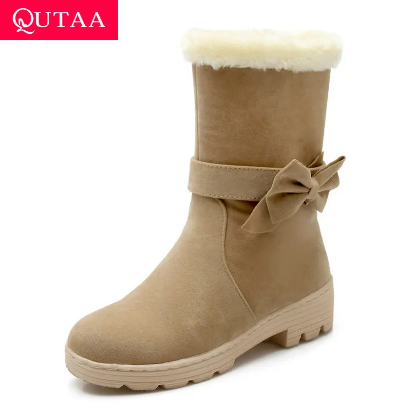 

QUTAA 2020 Scrub Warm Fur Winter Snow Boots Round Toe Butterfly-Knot Sweet Mid Calf Boots Platform Slip on Women Shoes Size34-40