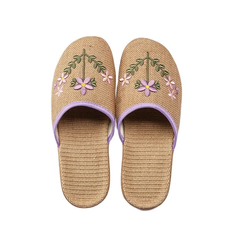 Suihyung New Women Breathable Flax Indoor Slippers Embroider Floral Linen Home Slip On Ladies Summer Non-Slip Fat Beach Shoes 