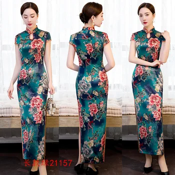 

Satin Mandarin Collar Long Qipao Slim Oversize 4XL Chinese Style Party Prom Dress Sexy Print Flower Cheongsam Vestidos