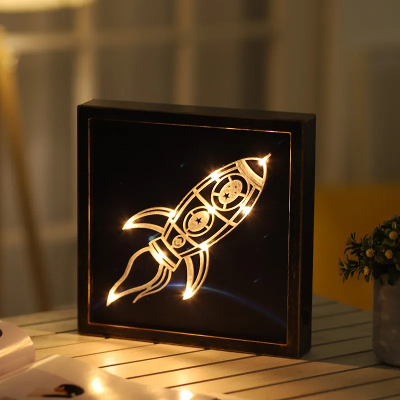 Hinnixy Nordic Bedside Lamp Retro Photo Frame Animal Plant Spacecraft Living Room Wall Decoration Christmas Gift Night Lights