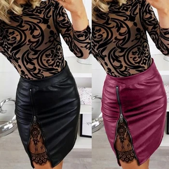 

2020 New Office Lady Formal Lace patchwork Bodycon Skirts High Waist Zipper PU leather Black Sexy Summer Fashion Pencil Skirts