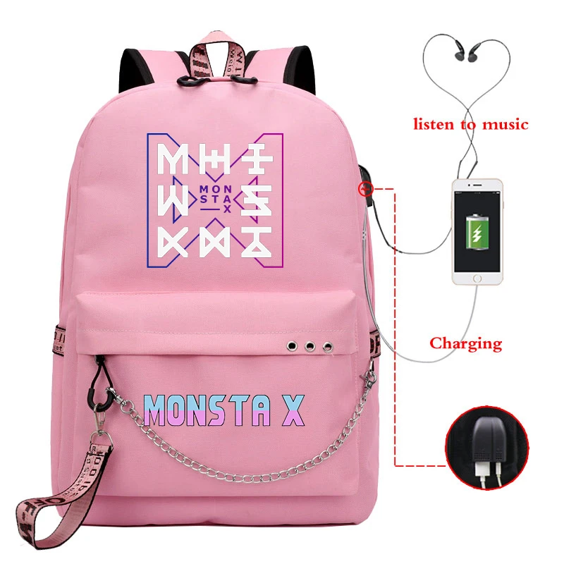 Mochila Bookbag MONSTA X Рюкзак Kpop школьные сумки для девочек подростков женский рюкзак Usb