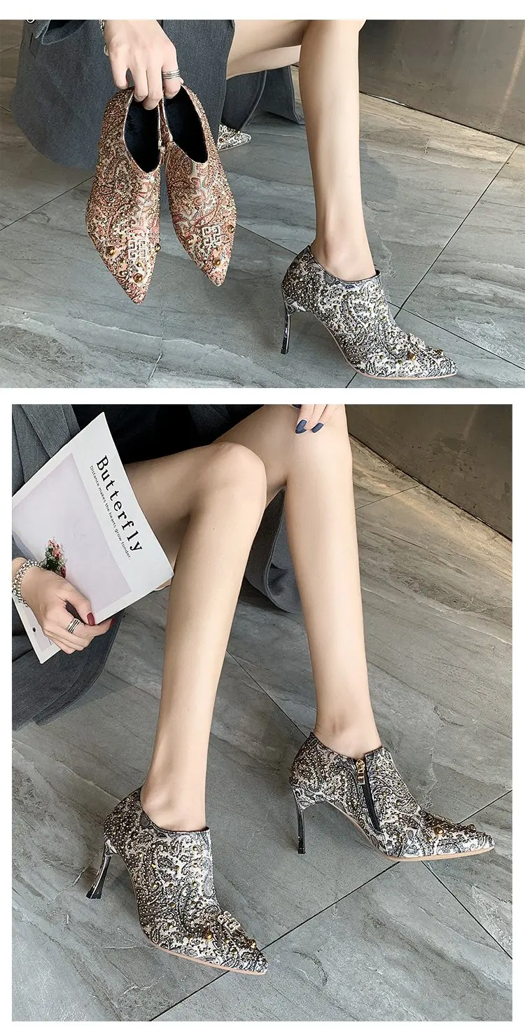 Женская обувь модные туфли-лодочки со стразами и острым носком модельные свадебные туфли на высоком тонком каблуке 8 см женская обувь zapatos de mujerG748