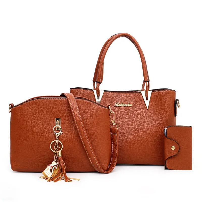 Новая дамская сумка, кожаная сумка, многофункциональная сумка, набор из трех предметов, изысканная и элегантная дамская сумочка с кисточкой, подвесная сумка - Цвет: Шоколад