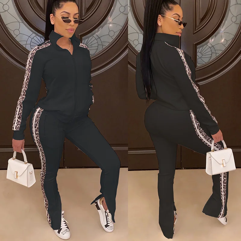 

Hot Women Leopard Splice Mock Neck Long Sleeves Zipper Casual Sport Clothes Set Sportswear MCK99