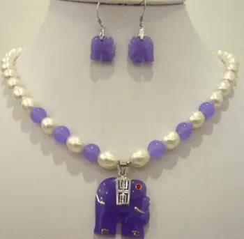 

White pearl purple Natural jade elephant pendant necklace earring set