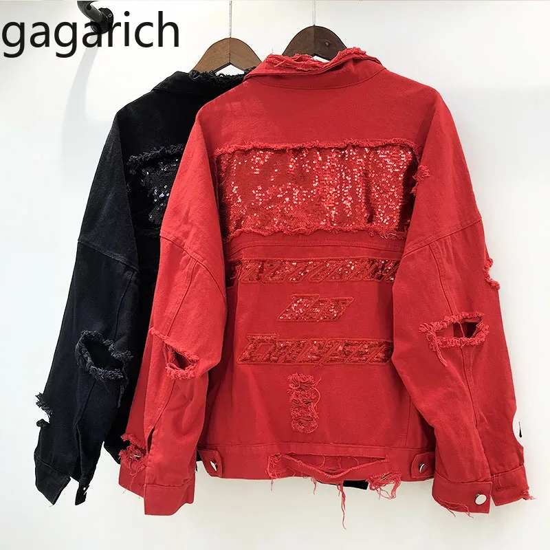 Женская джинсовая куртка с блестками Gagarich красная черная Базовая большого