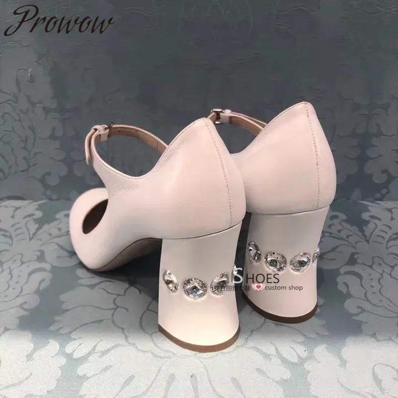 

Prowow New Black White Genuine Leather Round Toe Pumps Buckle Strap Crystal Beading Heel HIgh Heel Mary Jane Pumps Shoes Women