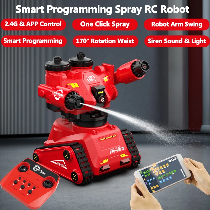 

Smart Programming Demo Remote Control Robot 2.4G APP Dual Control One Click Spray Swingable Arm 170Degree Rotation Waist RC Toy