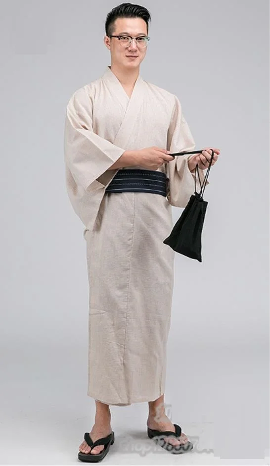 Men Kimono Bathrobe Yukata Long Pajamas Cotton Robe Breathable Summer Japanese Style Household