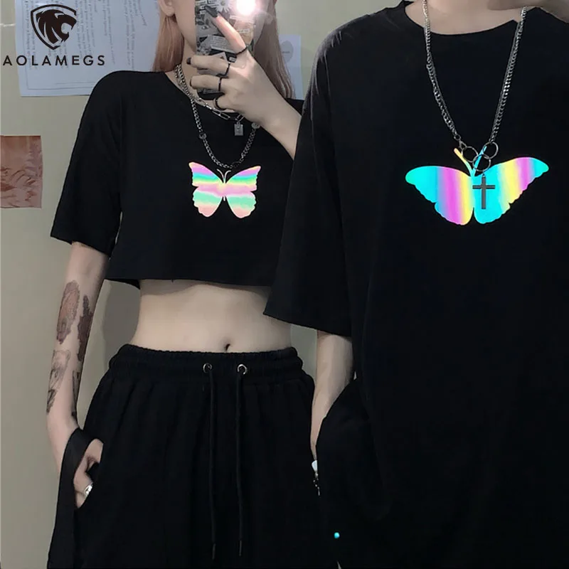 

Aolamegs Reflective Butterfly Print Thin Short Sleeve Men's T-shirt Summer Cotton Breathable High Street Couple Tees Streetwear