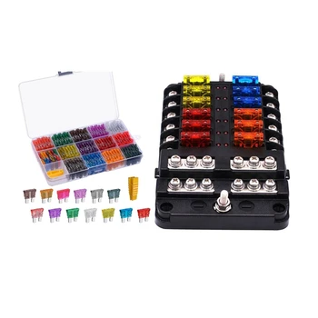 

1 set 1 in 12 Out 12 Way Circuit Blade Fuse Box Standard ATO ATC Block Holder Kit & 130Pcs Standard Blade Car Fuse