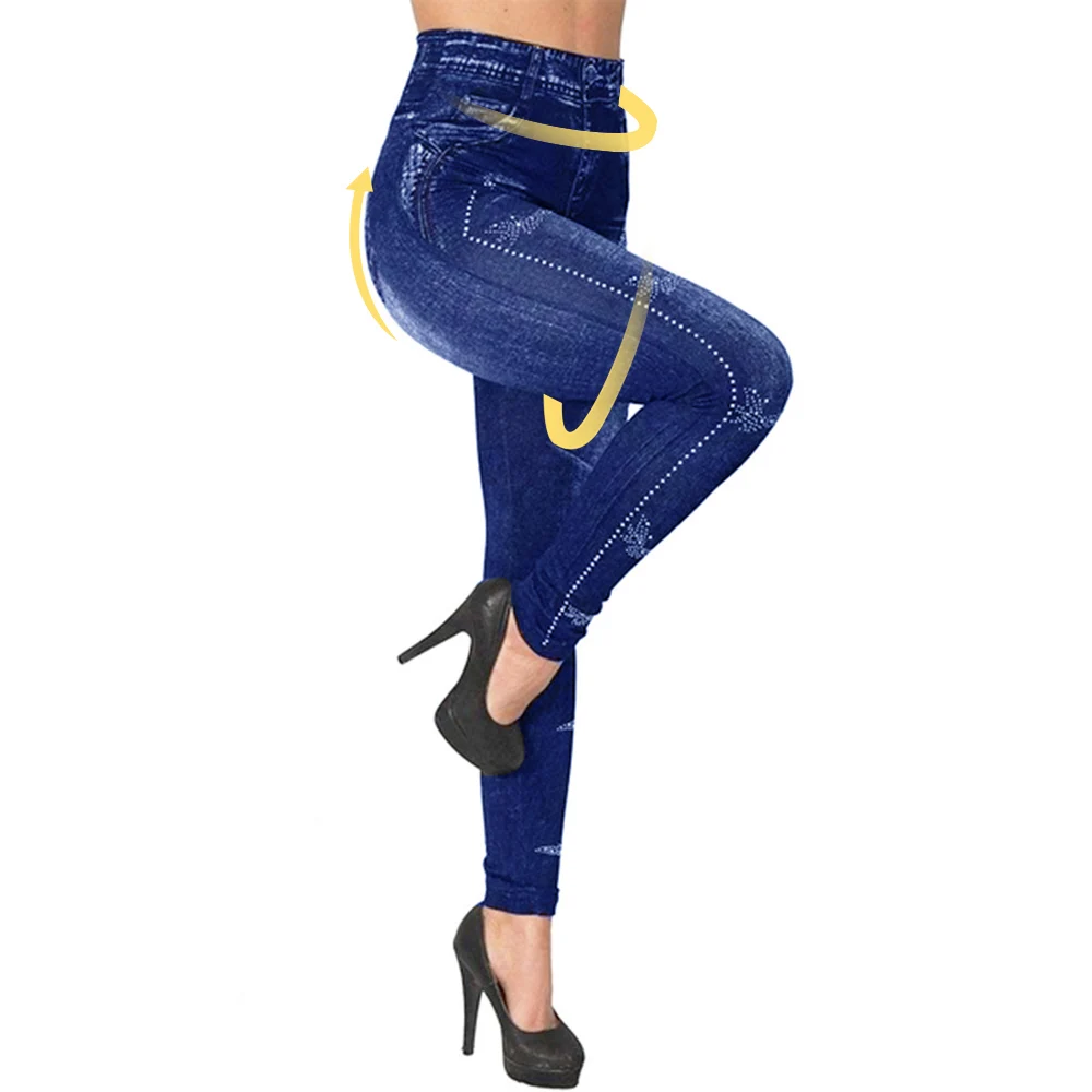 Женские Леггинсы для йоги, ковбойские джеггинсы с высокой талией, имитация джинсов, Стрейчевые Капри с принтом, эластичные узкие брюки-карандаш - Цвет: Navy Blue