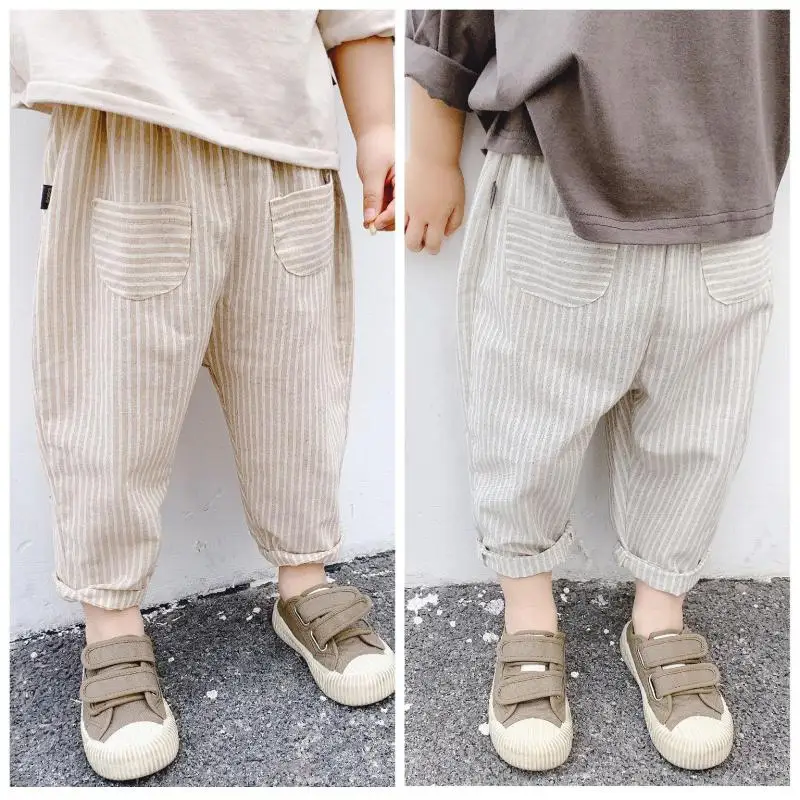 Spring Summer Kids Casual Trousers Cotton Striped Children Harem Pants Pure Color Baby Boys Girls Pants Pockets Clothes