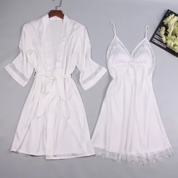 

2pcs/Set Women Sexy Loose Satin Silk Lace Padded Sleep Dress Night Gown Robe Female Plus Size Solid Comfy Nightwear Pajamas