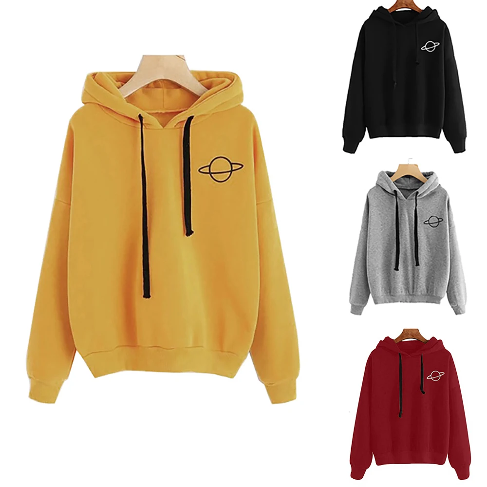 

Women Hoodies Casual Planet Print Solid Loose Drawstring Sweatshirt Long Sleeve Hooded 2020 Autumn Female Pullover