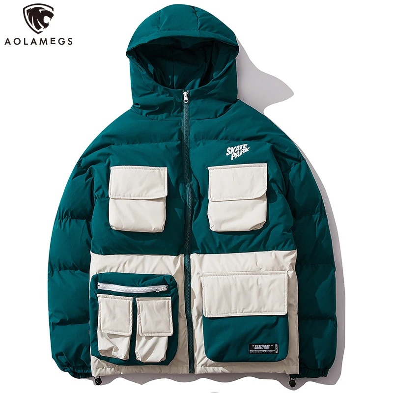 

Aolamegs Winter Jacket Men Patchwork Hooded Down Jacket Men Thick Coat Color Block Pockets Casual Style Mens Streetwear Winter