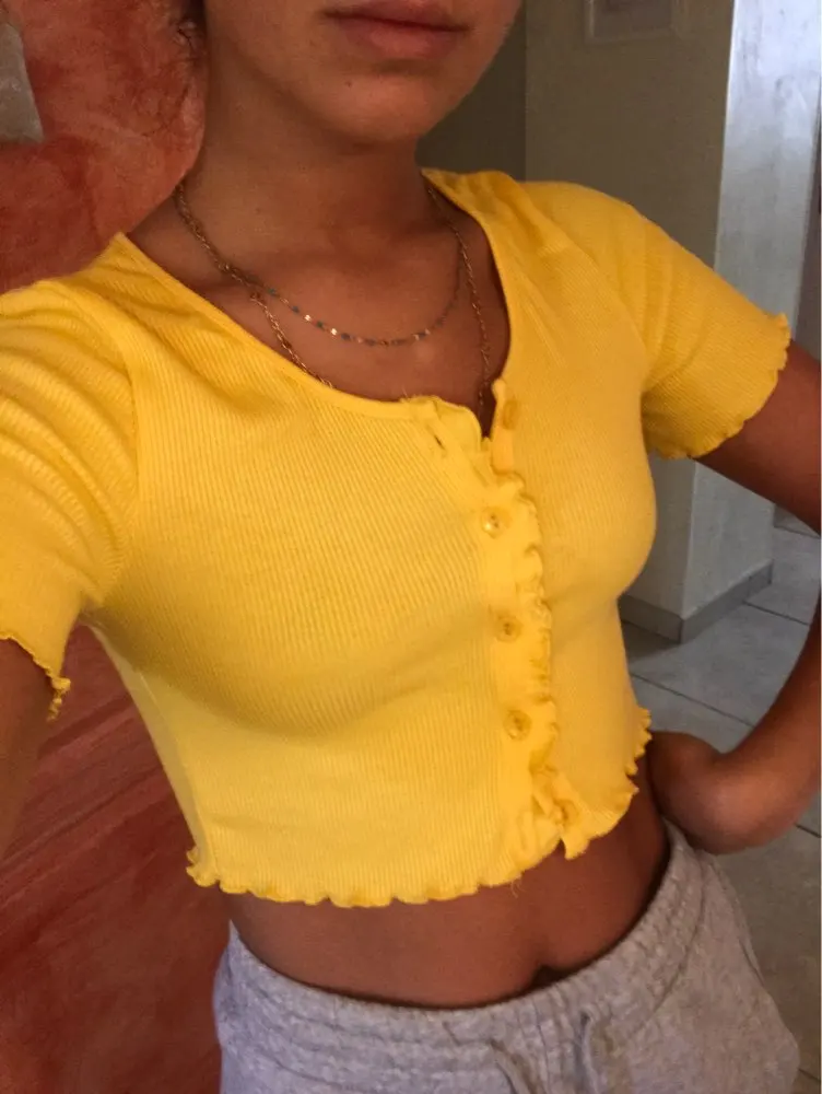 2020 Sexy Women Cardigan V-neck Summer T-shirt Short Sleeve Ruffle T-shirt Clubwear Buttons Bodycon Frilly Solid Color Crop Tops